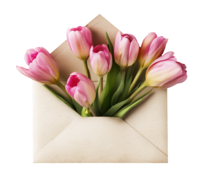 Pink tulips emerging from an open envelope on transparent background