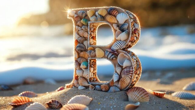 B letter design made of shells on sand
