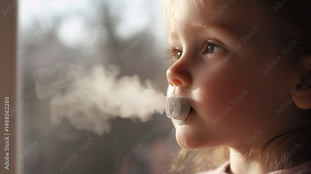 Poster child inhaler with a built-in mist diffuser, ensuring even medication distribution for effective flu
