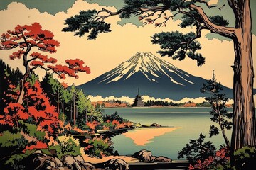 Traditional Ukiyo-e Illustration of Mount Fuji