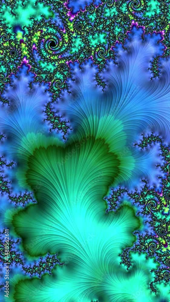 Aufkleber fractal artwork displays a blend of swirling green and red with complex detailing, zoom in