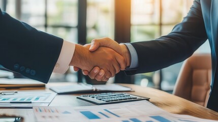 professional handshake seals a business partnership, two executives smiling over a desk with investment data