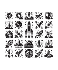 Rocket launching silhouette vector illustration isolated on a white background, Rocket icons set.