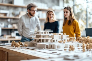 Architectural team discussing modern building model in office setting