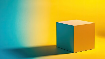 Yellow cube with blue backdrop.