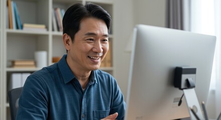 Man smiles at computer screen in home office setting during video call.