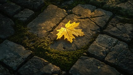 Yellow leaf on stone pathway.