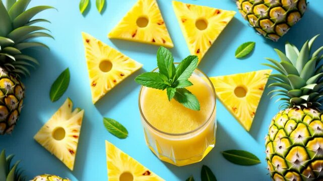 Overhead shot of juice in a glass and slices against a blank background ready for your text.