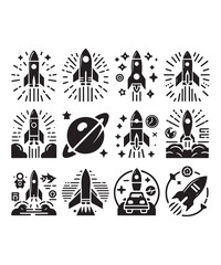 Rocket launching silhouette vector illustration isolated on a white background, Rocket icons set.