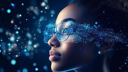 Woman wearing glasses with futuristic digital data overlay.
