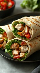 Grilled chicken wraps with fresh vegetables served on a black plate in a cozy setting
