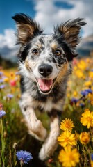 Fototapeta premium Joyful Dog Runs Through Vibrant Wildflowers Under a Blue Sky