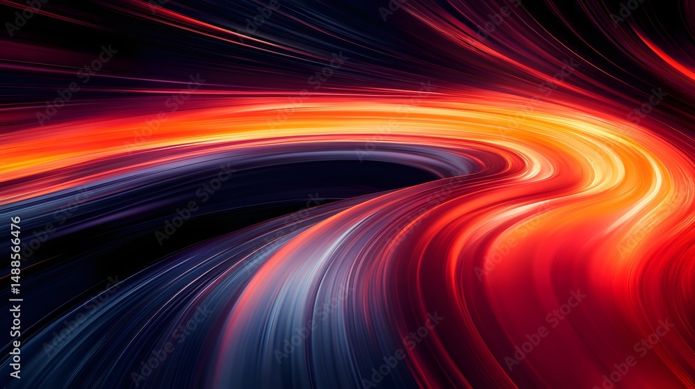 Poster Dynamic abstract design featuring flowing lines of light and color. Deep reds, oranges, yellows transition to cooler blues and purples, creating motion and energy. Astronomy and Galaxy backgrounds.