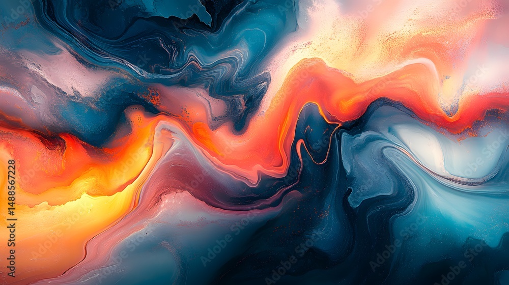 Poster fluid abstract digital painting with swirling forms in orange, red, and blue. smooth, glossy texture