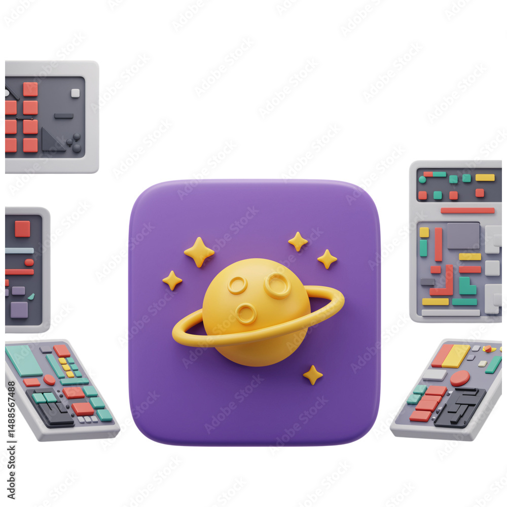 Poster Planet icon with stars and retro game console isolated on a transparent background