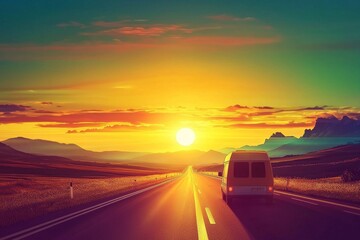 A travel van journeys into a breathtaking sunset.