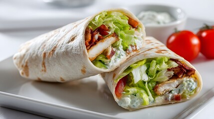 A close-up of a mouthwatering chicken wrap with fresh lettuce, tomatoes, and bacon.