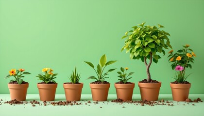 Obraz premium a collection of potted plants, each with different foliage and flowers, arranged in a straight line on a surface that appears to be potting soil