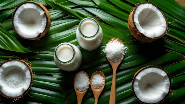 Coconuts on green leaves alongside bottled milk