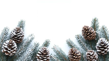 Snow-dusted pine cones and evergreen branches on white background