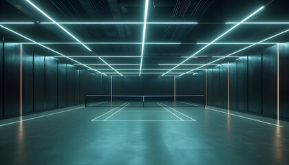sci-fi style badminton court with light strips to match the metallic fixtures