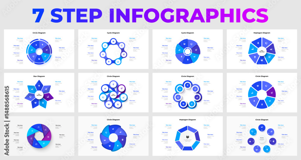 Poster Infographic templates illustrating seven steps in various diagram layouts. Perfect for presentations, projects, or data visualization. Enhances communication with vivid colors and clear structure