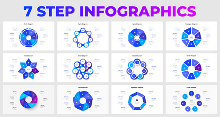 Infographic templates illustrating seven steps in various diagram layouts. Perfect for presentations, projects, or data visualization. Enhances communication with vivid colors and clear structure