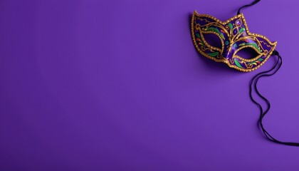 Fototapeta premium a vibrant purple background with a single, elaborate masquerade mask placed centrally on the surface. the mask is adorned in feathers and beads, adding to its festive appearance