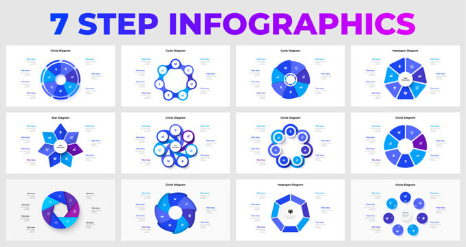 Infographic templates illustrating seven steps in various diagram layouts. Perfect for presentations, projects, or data visualization. Enhances communication with vivid colors and clear structure