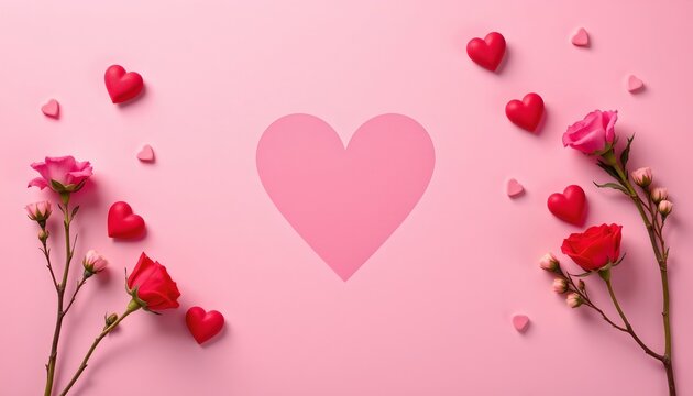 a pink background adorned with red roses and pink hearts, arranged in a semi circle around a central pink heart.