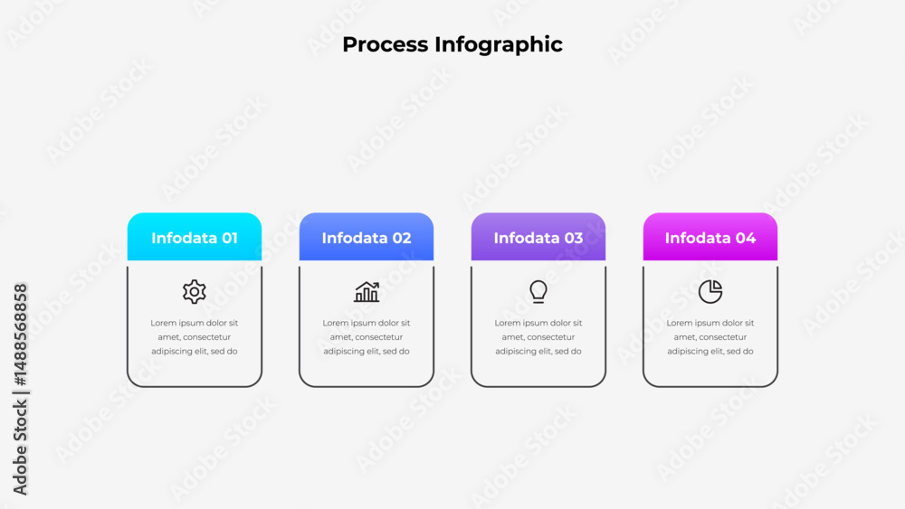 Poster Colorful Four Step Process Infographic with Icons and Gradient Colors. Perfect for visual presentations, educational material, and enhancing understanding of processes