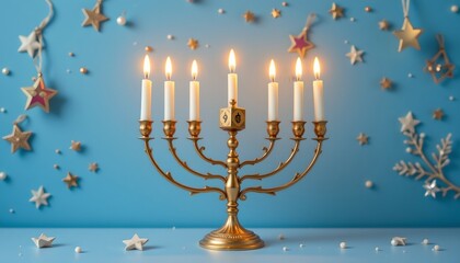 Fototapeta premium a golden menorah with eight lit candles is placed in front of a festive backdrop, likely for hanukkah celebration, surrounded by a few decorative elements like stars and confetti like specks that sugg