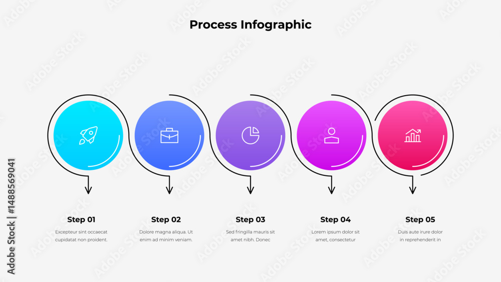 Poster Infographic illustrating a business process in five steps, each represented with vibrant colored icons and corresponding descriptive text, suitable for presentations and workflow planning