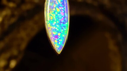 Close up of an iridescent opal pendant framed in gold against an ornate golden patterned background, showing its unique colors - Powered by Adobe