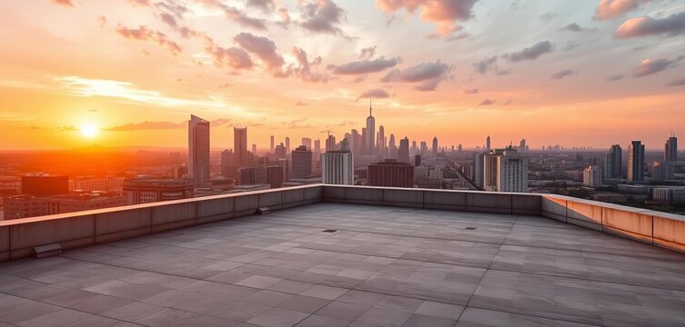 Empty concrete rooftop overlooking sunset cityscape; modern architecture,  visual, perspective