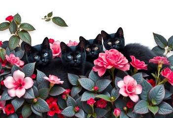 Charming black cats nestled amongst pink and red flowers, gray and black leaves on white , magical, dark