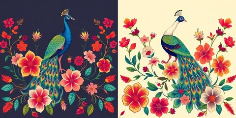 Elegant Indian Kalamkari Floral Peacock