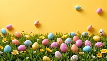 a decorative arrangement of easter eggs in a grassy area, set against a backdrop with an easter theme.