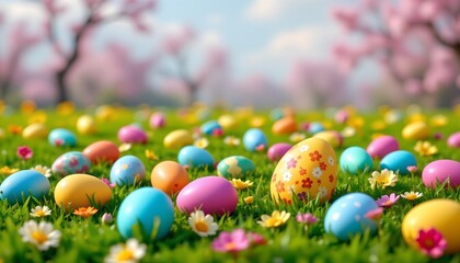 an enchanting scene of a grassy field abundantly filled with vibrant easter eggs. these eggs, in their multitude, create a colorful carpet that seems to beckoning the viewer towards them