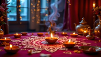 an intimate setting with an intricate arrangement of candles and decorations on a round table, creating a vibrant centerpiece