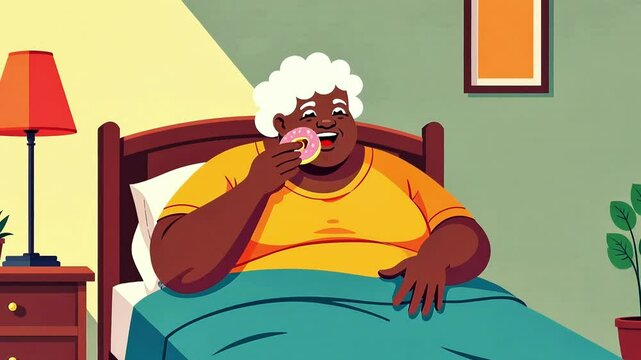 Overweight woman eating sweets in her bed showing strong sugar addiction, cartoon vector style. Diabetes and bad habit concept, unhealthy lifestyle