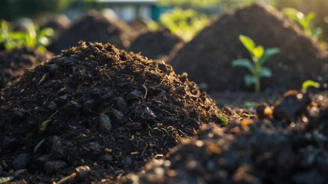 Mature compost created for garden application produced in a communal composter to recycle organic waste. Idea of sustainability.