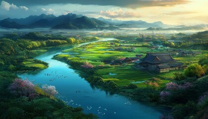 Fototapeta premium Breathtaking Japanese Landscape Captured from Above