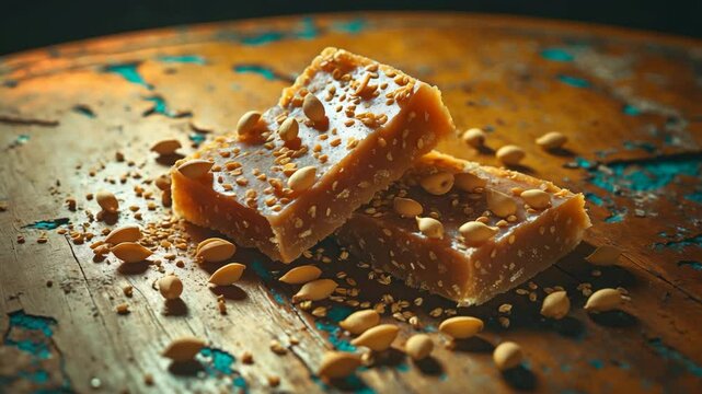 A broken piece of halva with seeds, resting on a wooden table