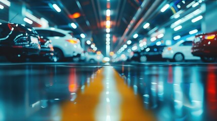 Blurred outdoor car parking area with white lines and concrete surface
