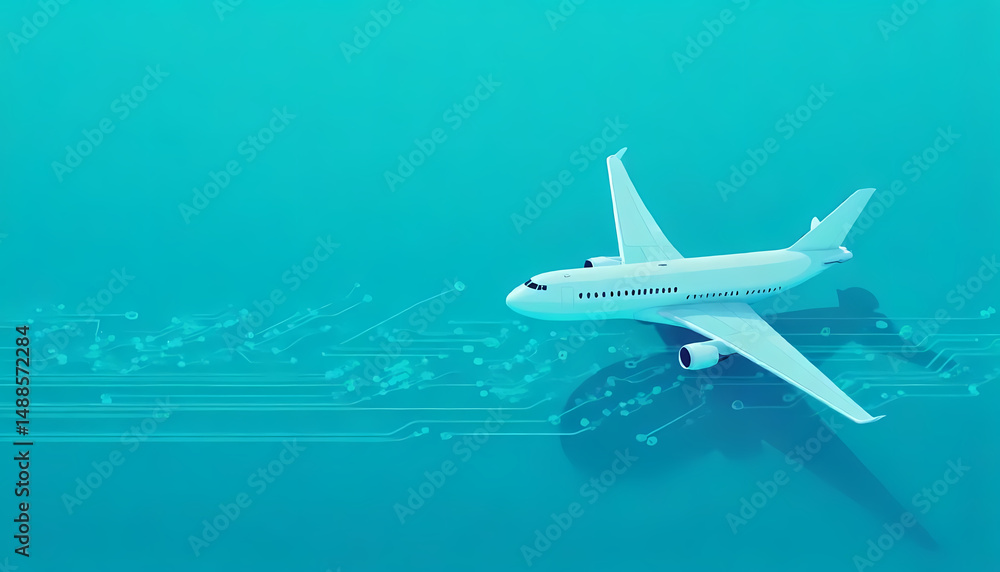 Aufkleber an airplane floats in a teal-colored scene with a subtle digital circuit board design beneath it.