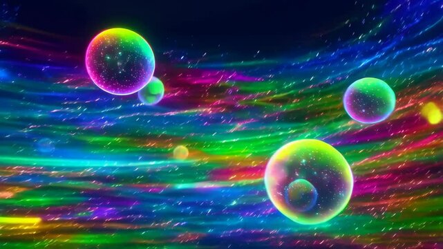 Abstract vibrant cosmic bubble formation with energetic light rays weaving through space. Bright spectrums create a mesmerizing dreamscape.