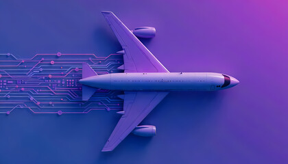 Conceptual image of an airplane intertwined with circuit board elements, in vibrant shades.
