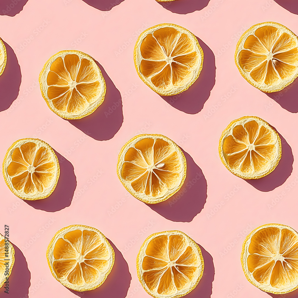 Poster uniform pattern of dried lemon slices with shadow on a pink background. flat lay