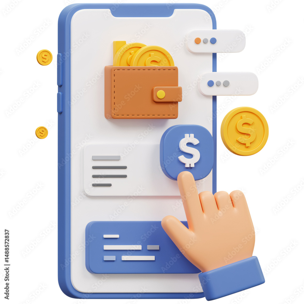 Poster smartphone with wallet and coins isolated on a transparent background